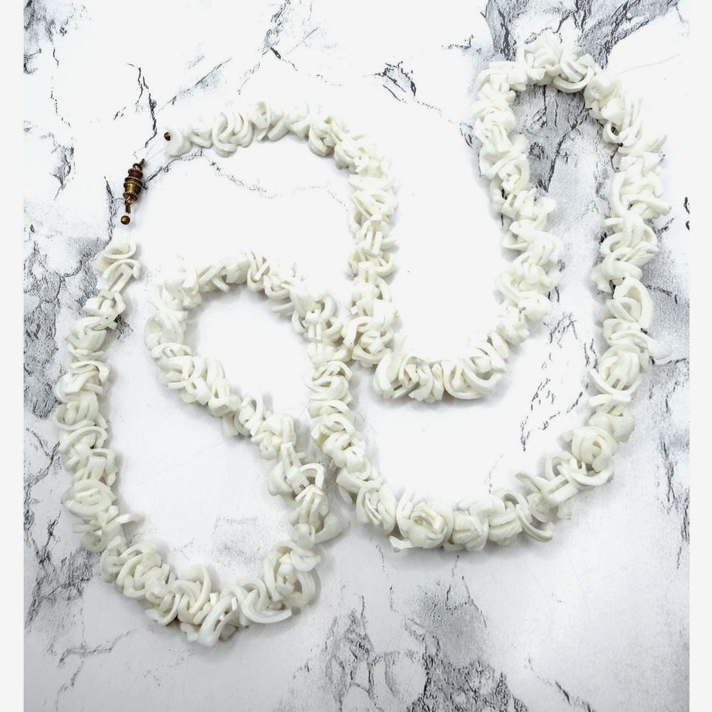 White Glass Chip Necklace 30" Long Strand Gold Clasp Coastal